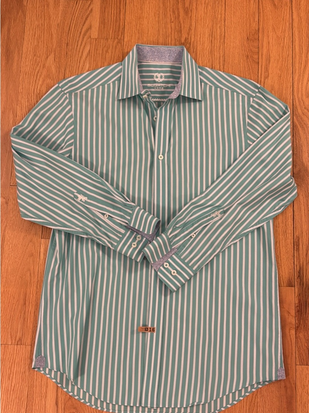 Bugatchi Green and White Vertical Stripe Dress Shirt